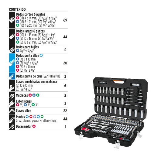 Juego autoclé, cuadro 1/4, 3/8 y 1/2", 217 piezas, std y mm