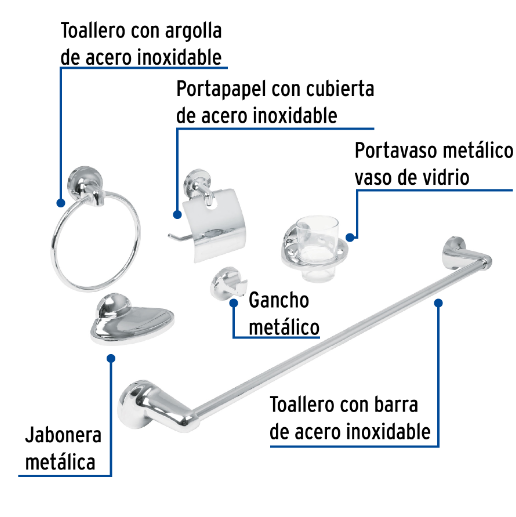 Juego accesorios para baño, 6 piezas, Aqua