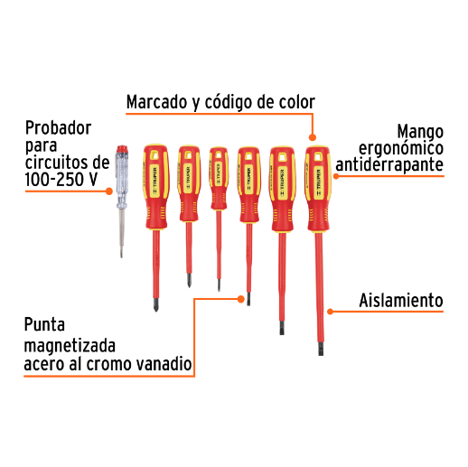 Juego 6 desarmadores dieléctricos y 1 probador de corriente