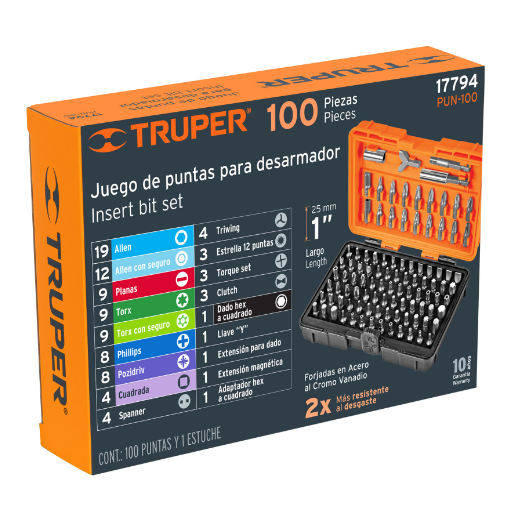 Juego 100 piezas, puntas de desarmador 1", con estuche