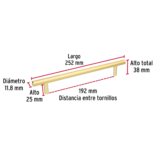 Jaladera, latón brillante, estilo Cilindro, 192 mm