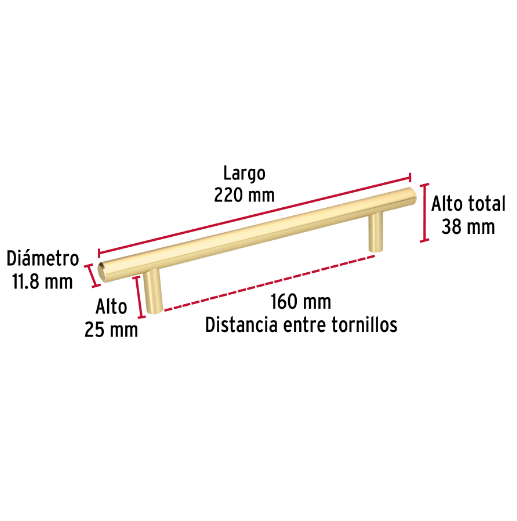 Jaladera, latón brillante, estilo Cilindro, 160 mm