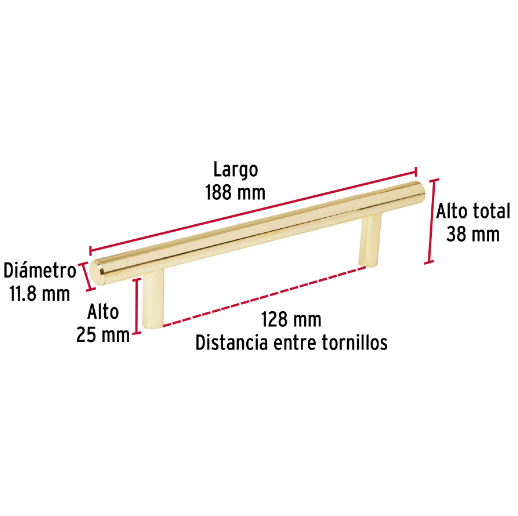 Jaladera, latón brillante, estilo Cilindro, 128 mm