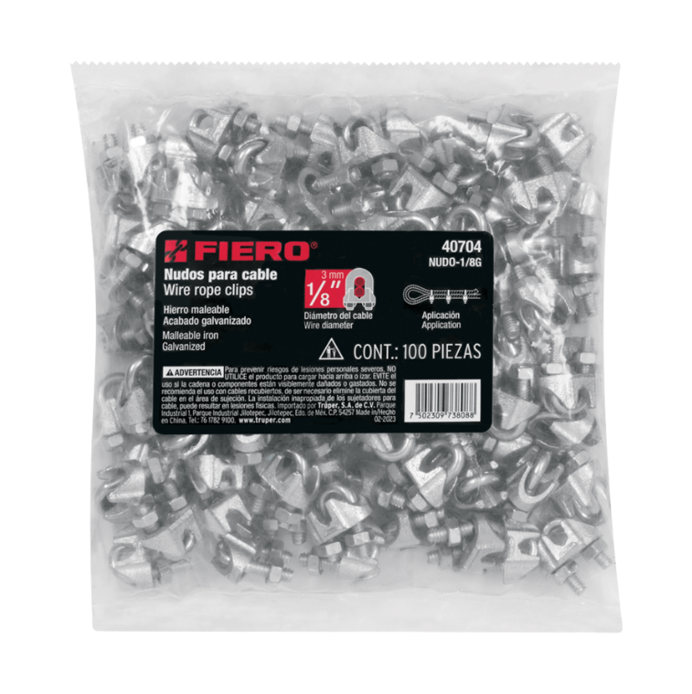 Bolsa con 100 nudos (perros) de hierro para cable de 1/8'