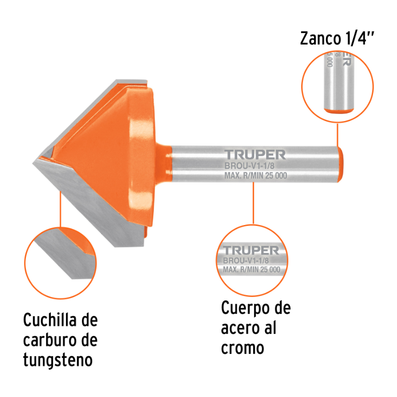 Broca para router, corte en 'V', 1-1/8'