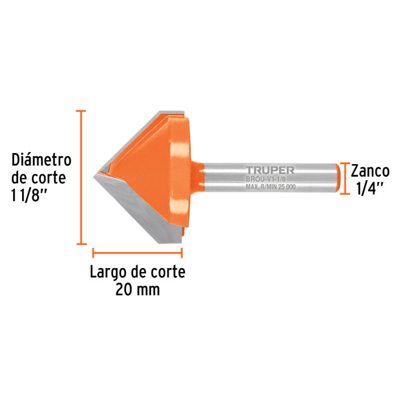 Broca para router, corte en 'V', 1-1/8'