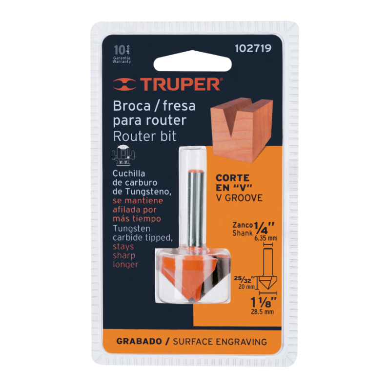 Broca para router, corte en 'V', 1-1/8'