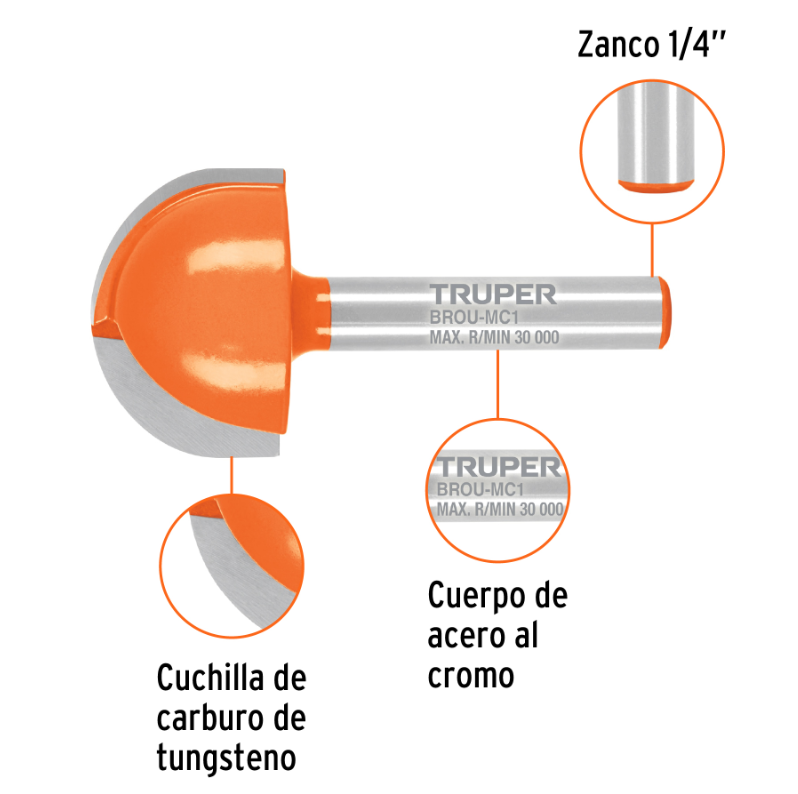 Broca para router, media caña, 1'