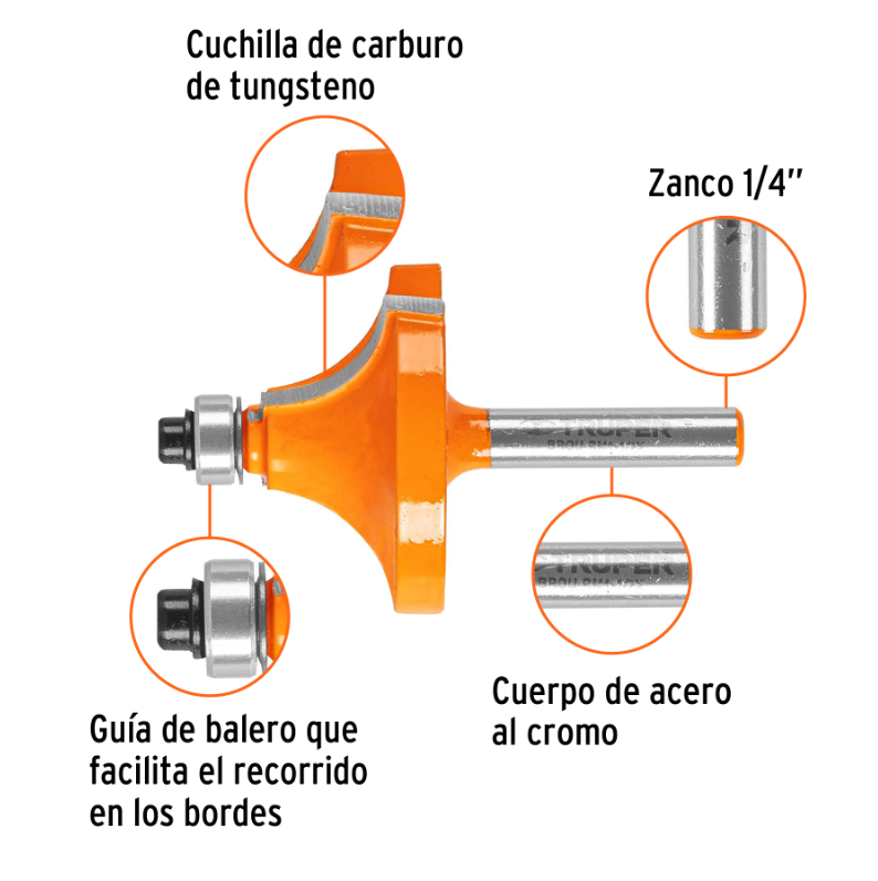 Broca para router, redondeado con moldura, 1-1/2" con balero