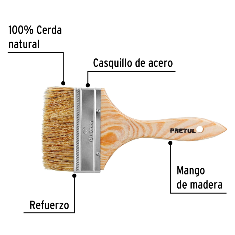 Brocha económica, mango de madera, 4", Pretul