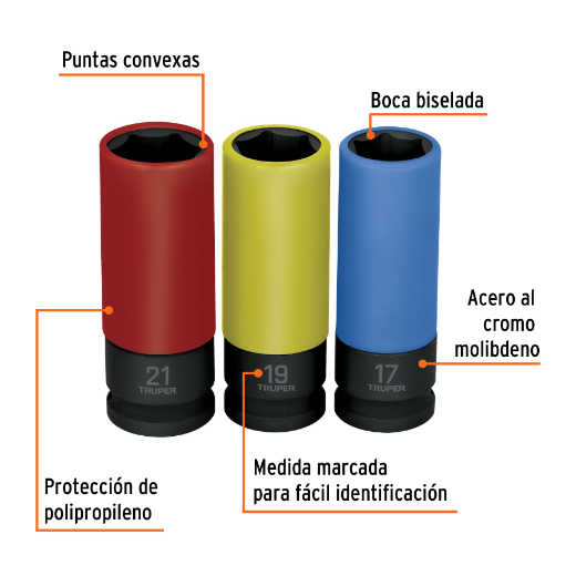 Juego 3 dados largos 1/2' impacto protección plástica 6p mm