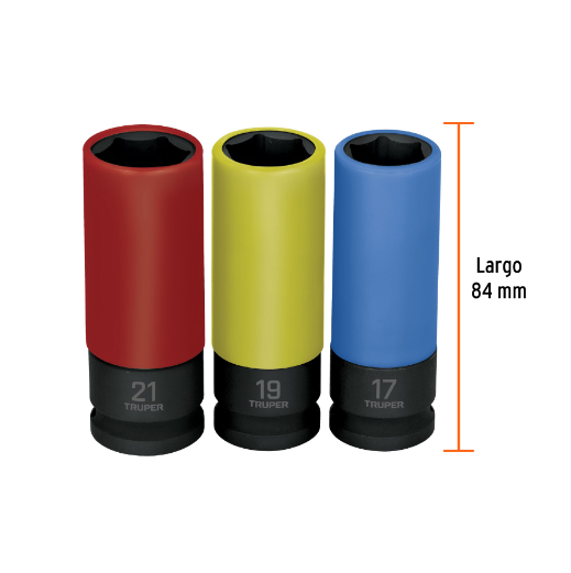 Juego 3 dados largos 1/2' impacto protección plástica 6p mm