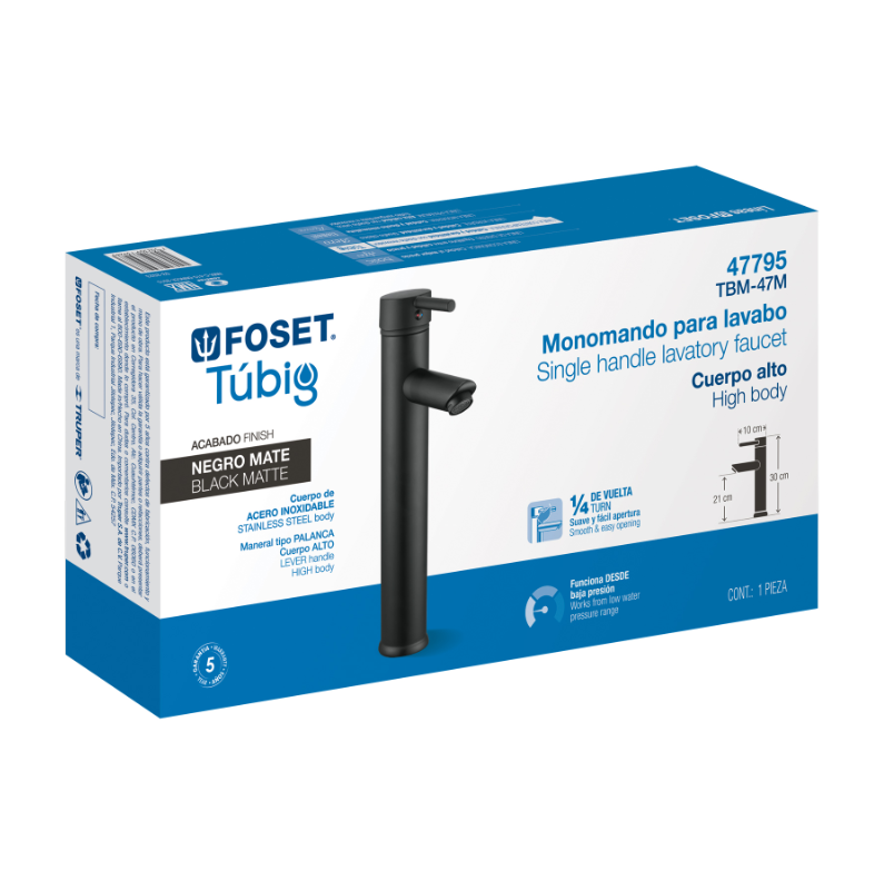Monomando alto negro para lavabo, Foset Tubig