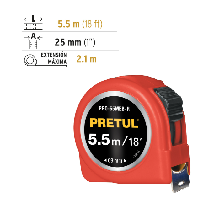 Flexómetro verde, 5.5 m,cinta 19 mm,Pretul, tarjeta plástica