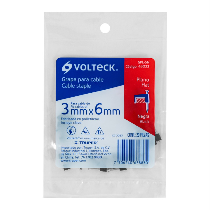 GRAPA PARA CABLE PLANO 3 x 6 mm, negra, bolsa 20 pzas