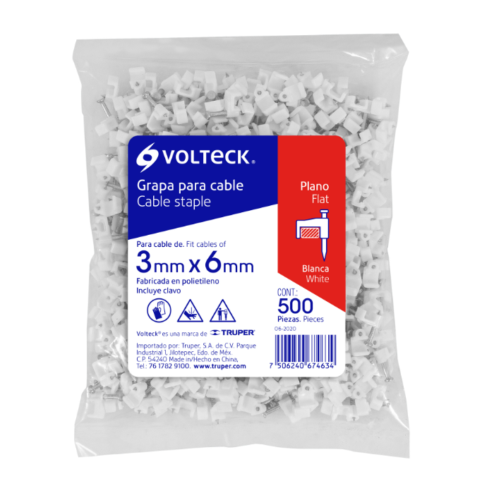 Grapa para cable plano, 3 X 6 mm, blanca, bolsa 500 pzas