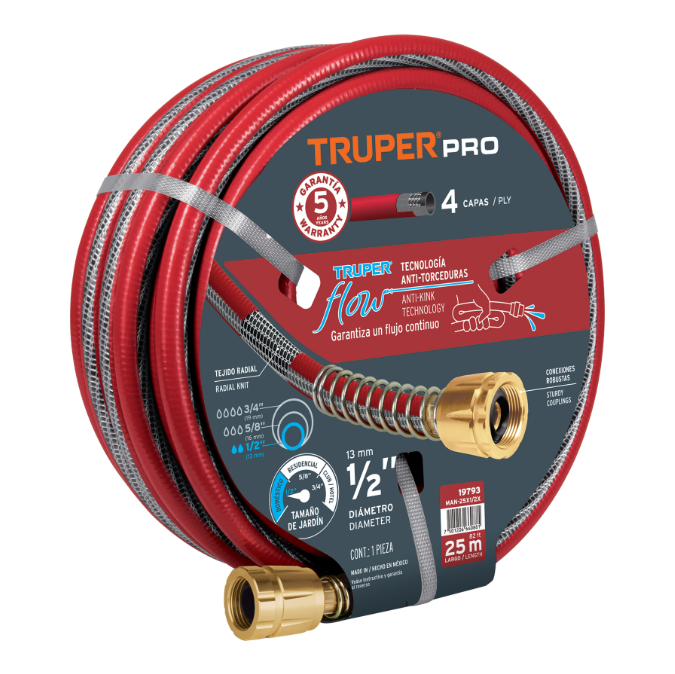 Manguera 3/4", super reforzada 4 capas, conexiones metal,30m