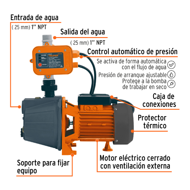 Bomba presurizadora jet hierro 1 HP con control, Truper