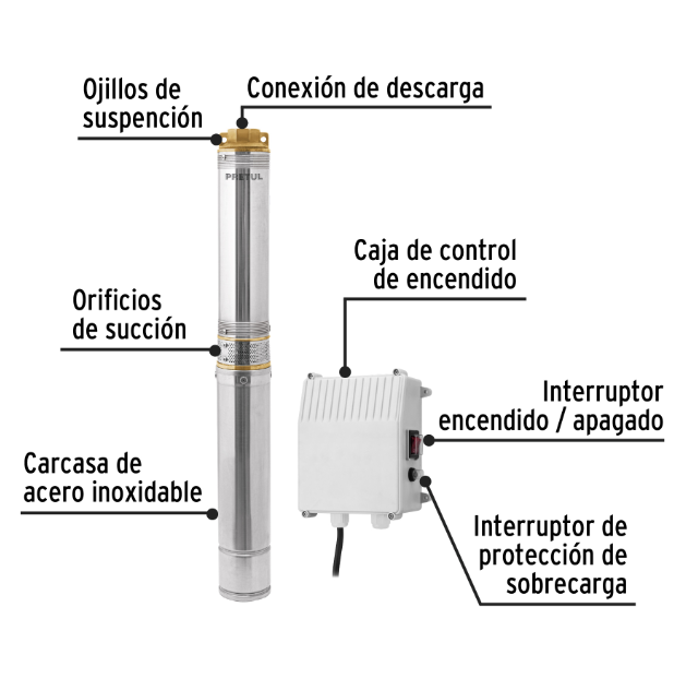Bomba sumergible, tipo bala, 1-1/2 HP, agua limpia, Pretul