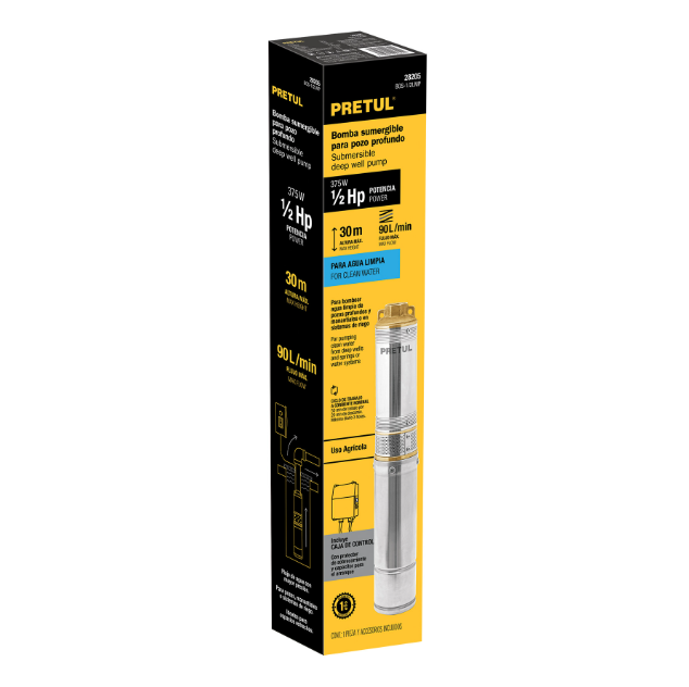 Bomba sumergible, tipo bala, 1/2 HP, agua limpia, Pretul