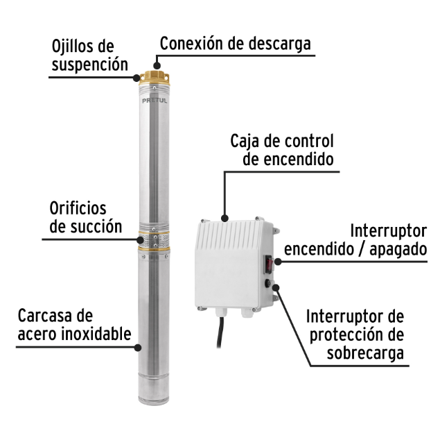 Bomba sumergible, tipo bala, 2 HP, agua limpia, Pretul