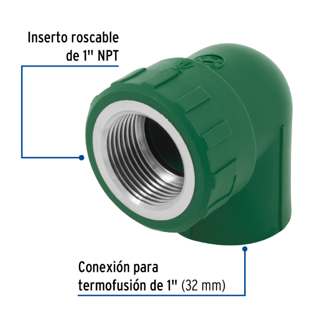 Codo 90° de PPR, 1" rosca  hembra con inserto metálico, Foset
