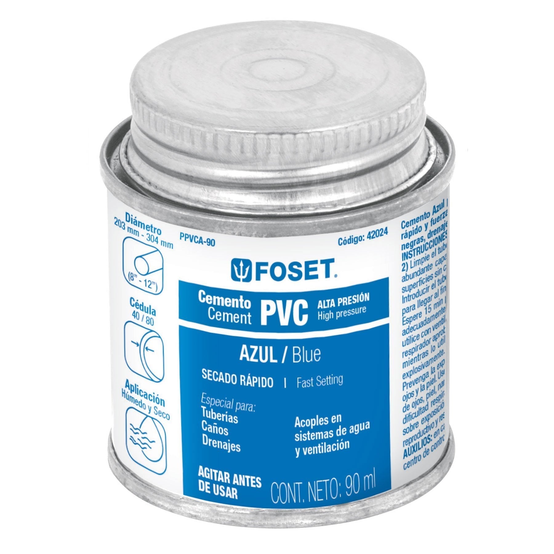 Cemento azul para PVC, hasta 12", bote 90 ml