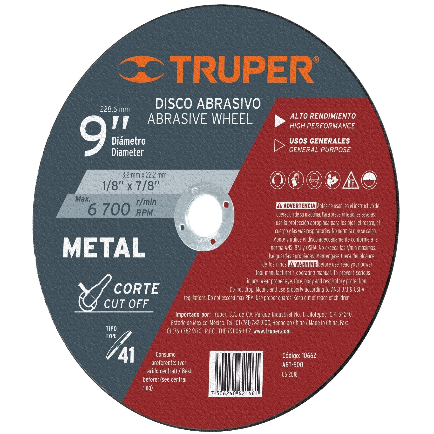 Disco para corte de metal, tipo 41, diámetro 9"