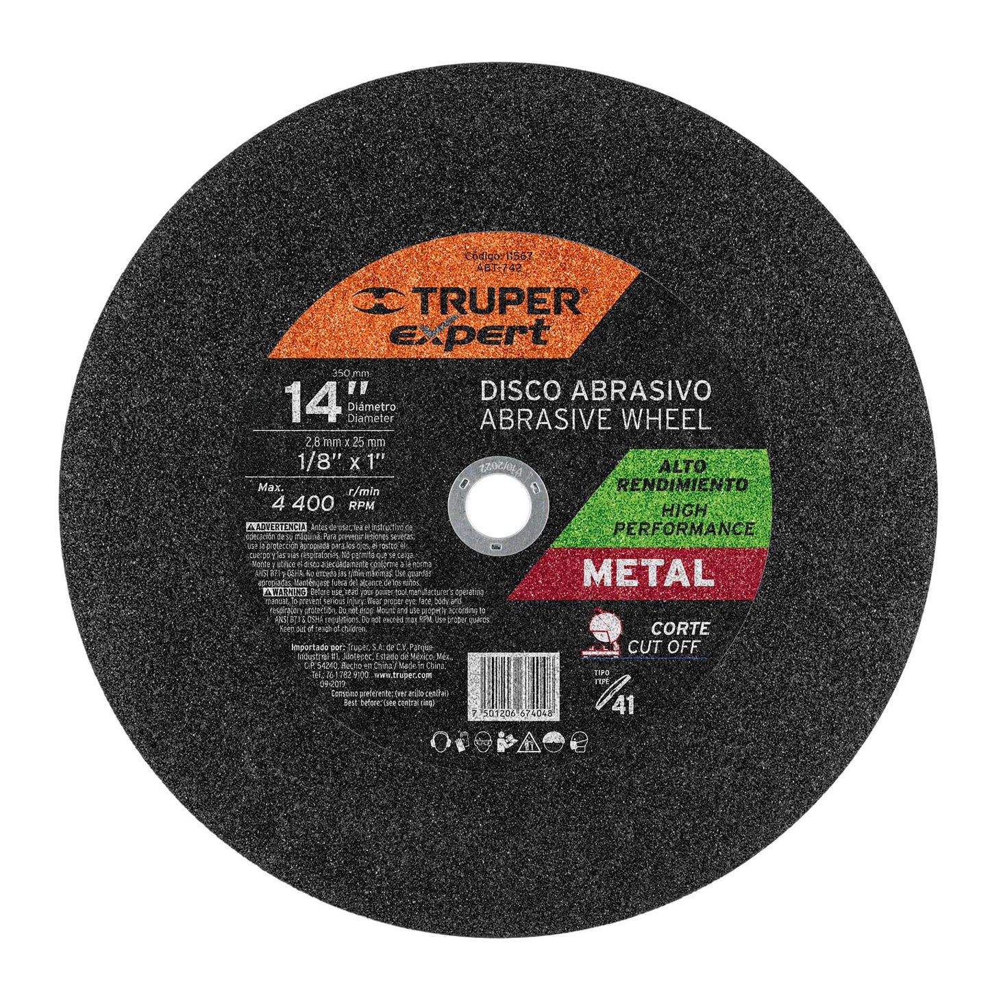 Disco para corte de metal, tipo 41, diámetro 14"