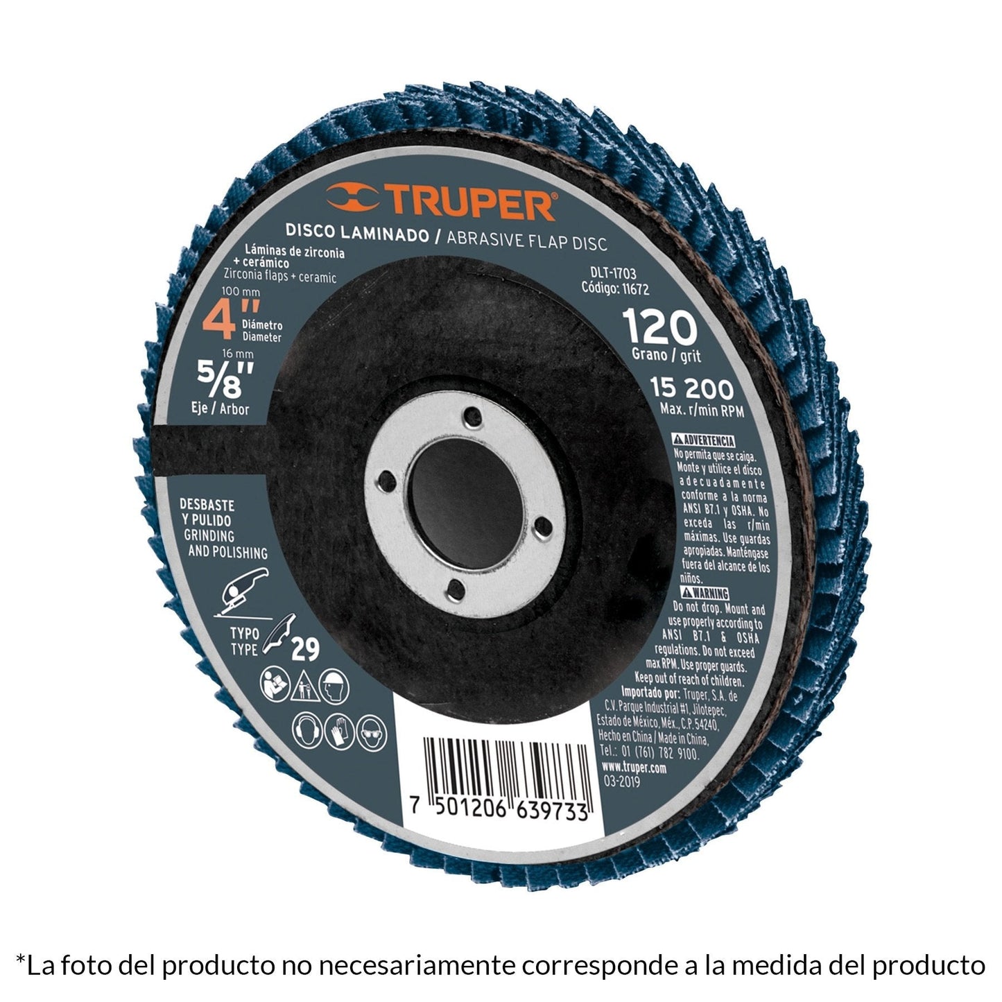 Disco laminado, tipo 29, diámetro 4", grano 120, centro 5/8"