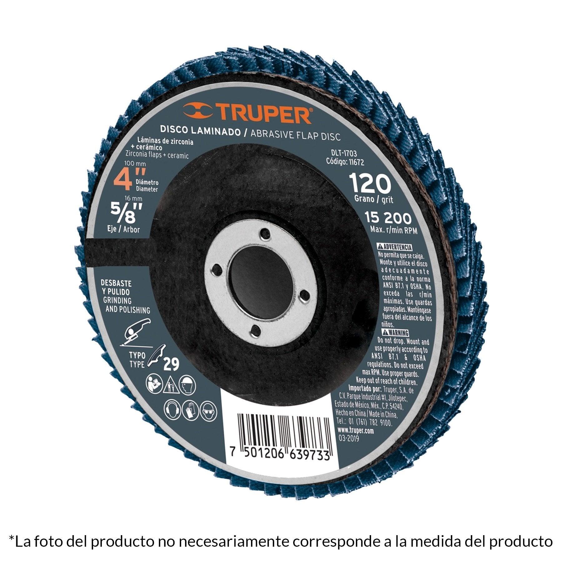 Disco laminado, tipo 29, diámetro 4", grano 120, centro 5/8"