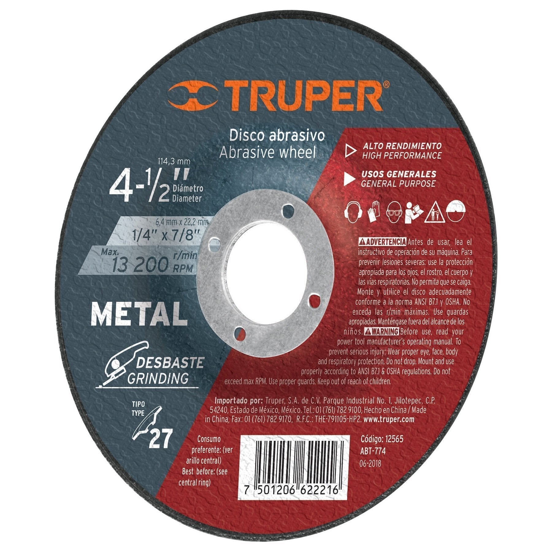 Disco para desbaste de metal, tipo 27, diámetro 4-1/2"