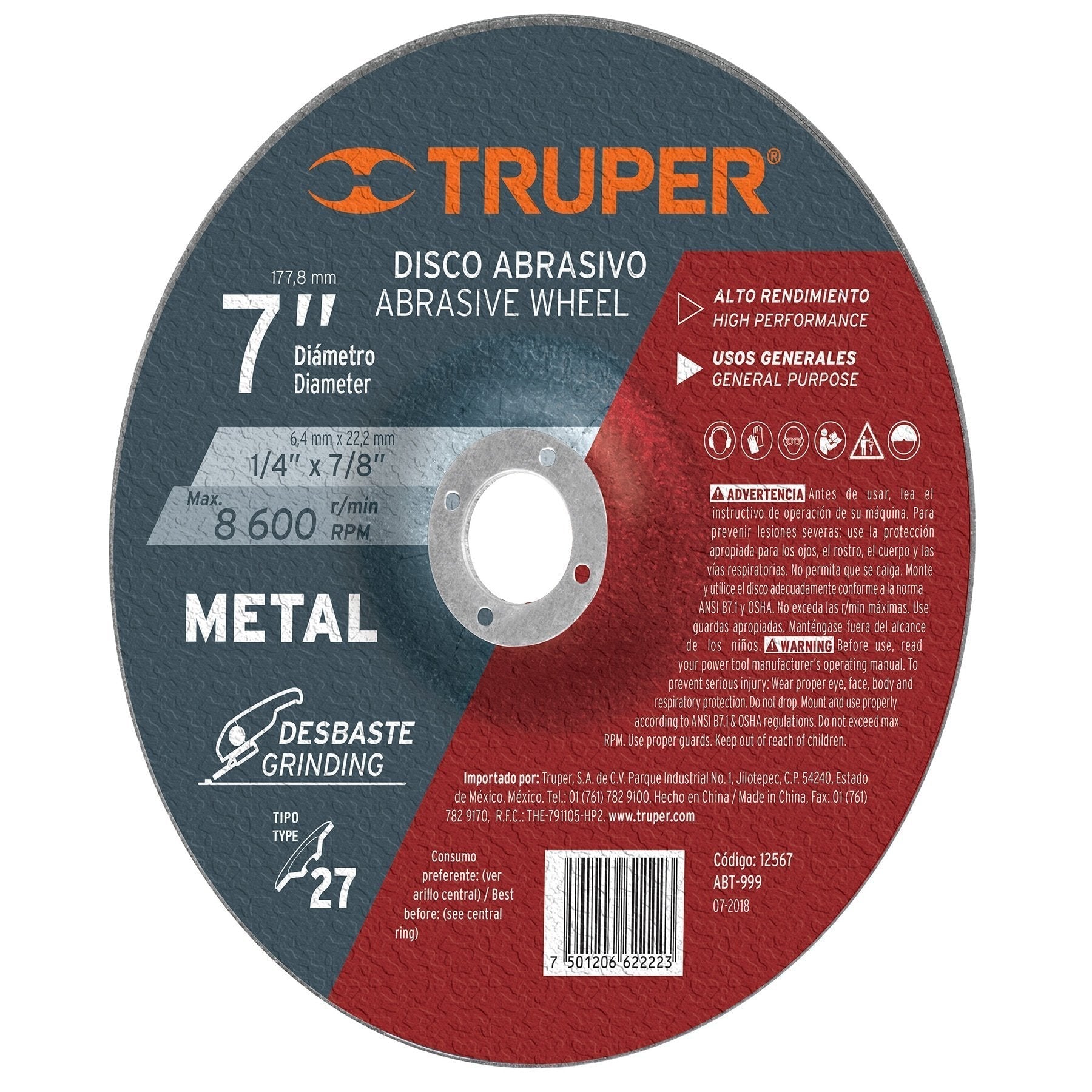 Disco para desbaste de metal, tipo 27, diámetro 7", 1/4"