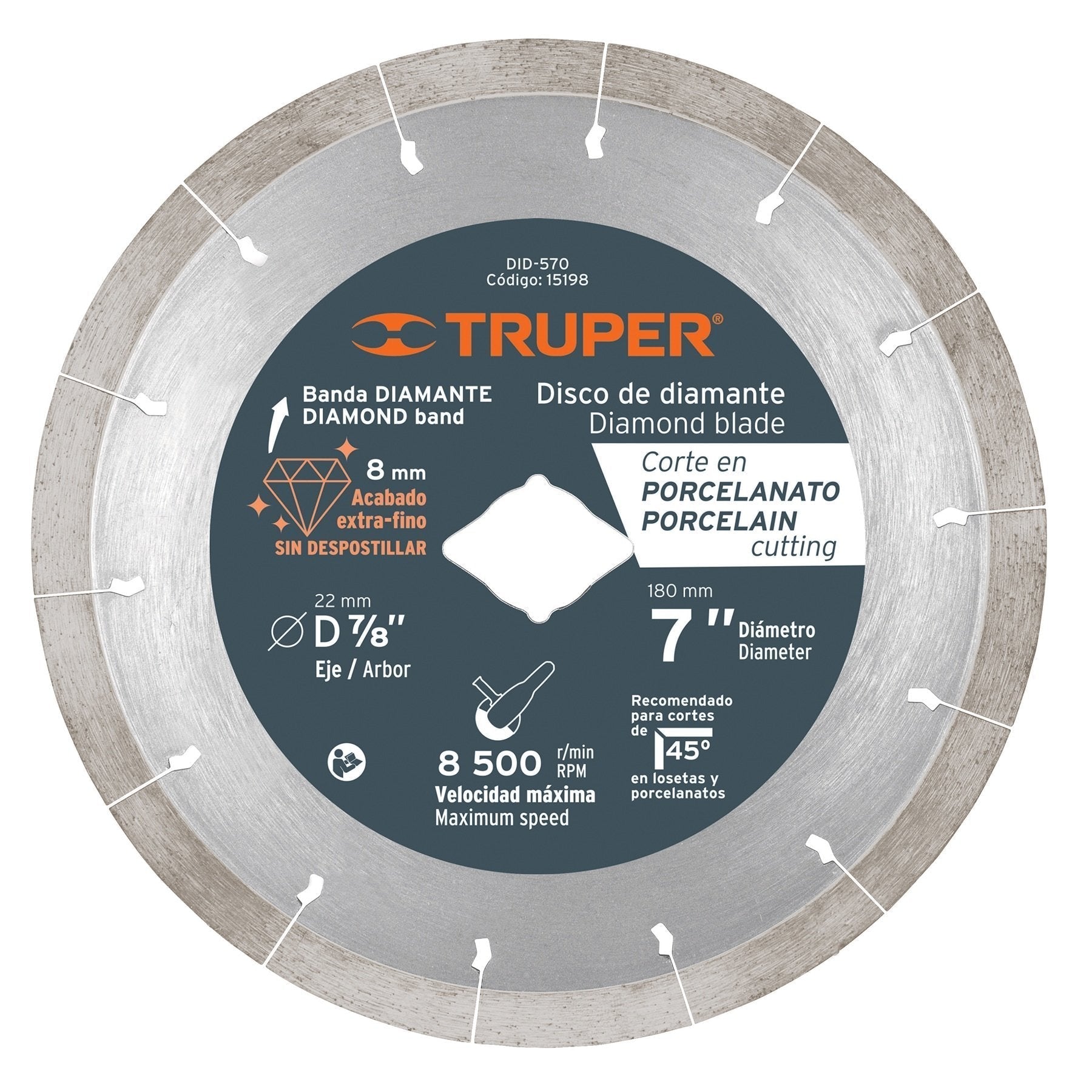 Disco de diamante, rin continuo, 7" para corte porcelanato
