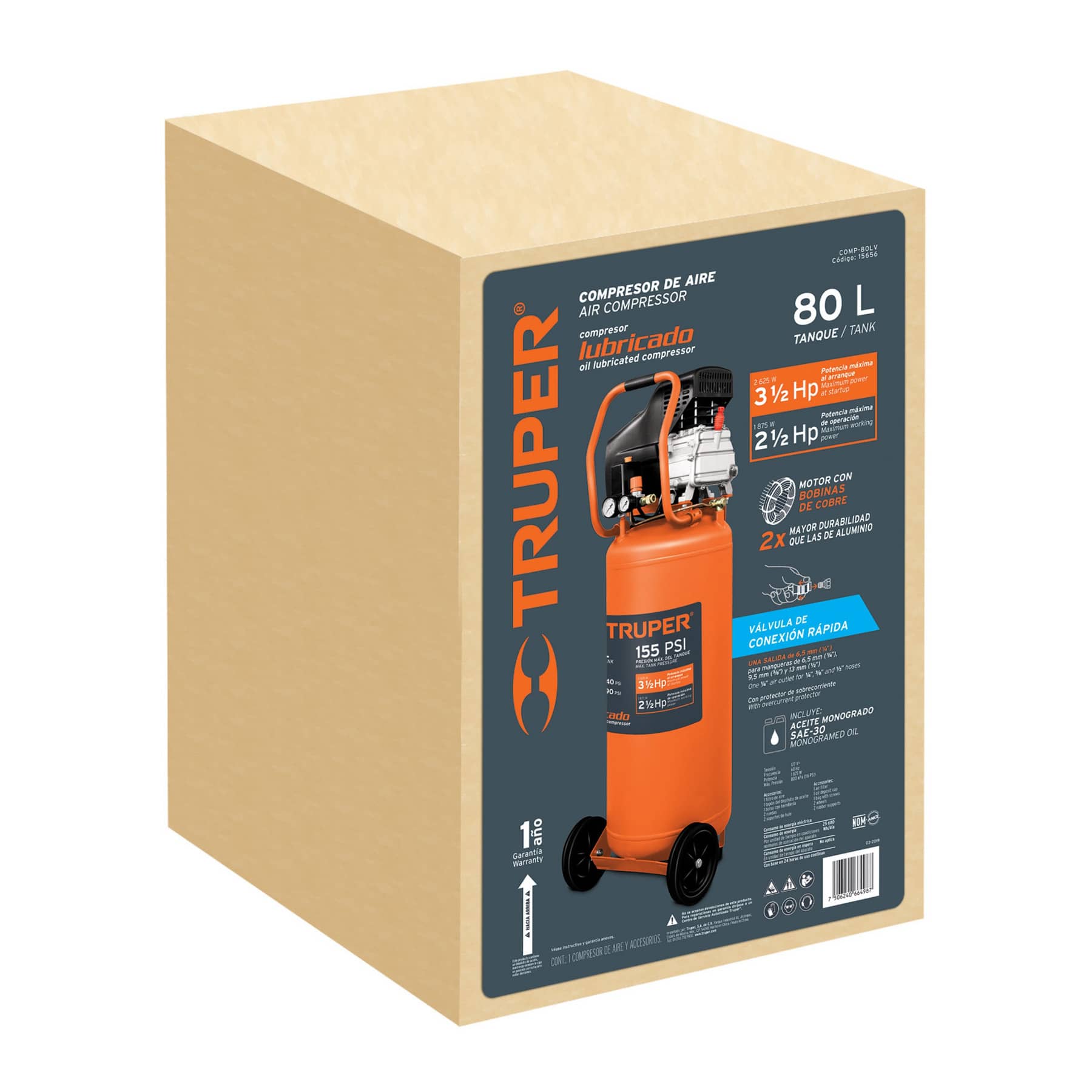 Compresor vertical, 80 L, 3-1/2 HP (potencia máxima ), 120V