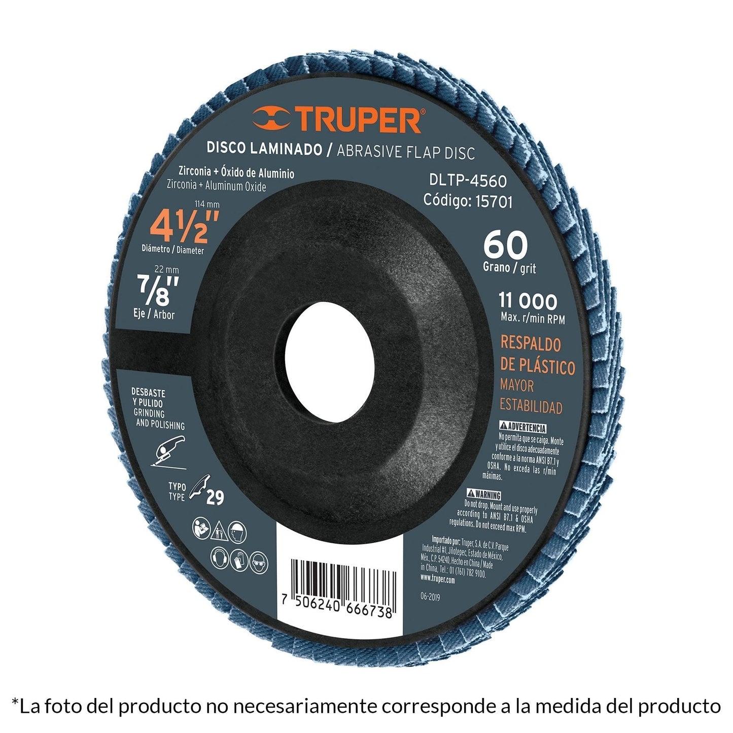 Disco laminado respaldo plástico 4-1/2",barreno 7/8"grano 40