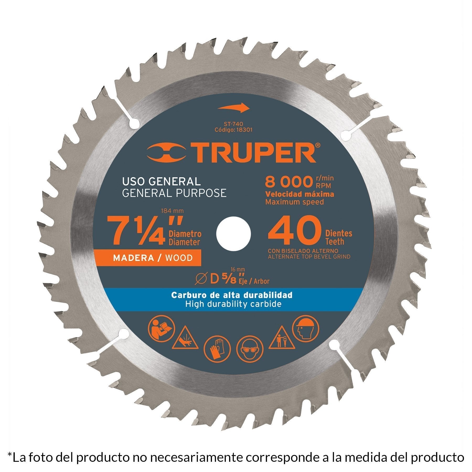 Disco sierra p/madera 7-1/4", 40 dientes, centro 5/8"