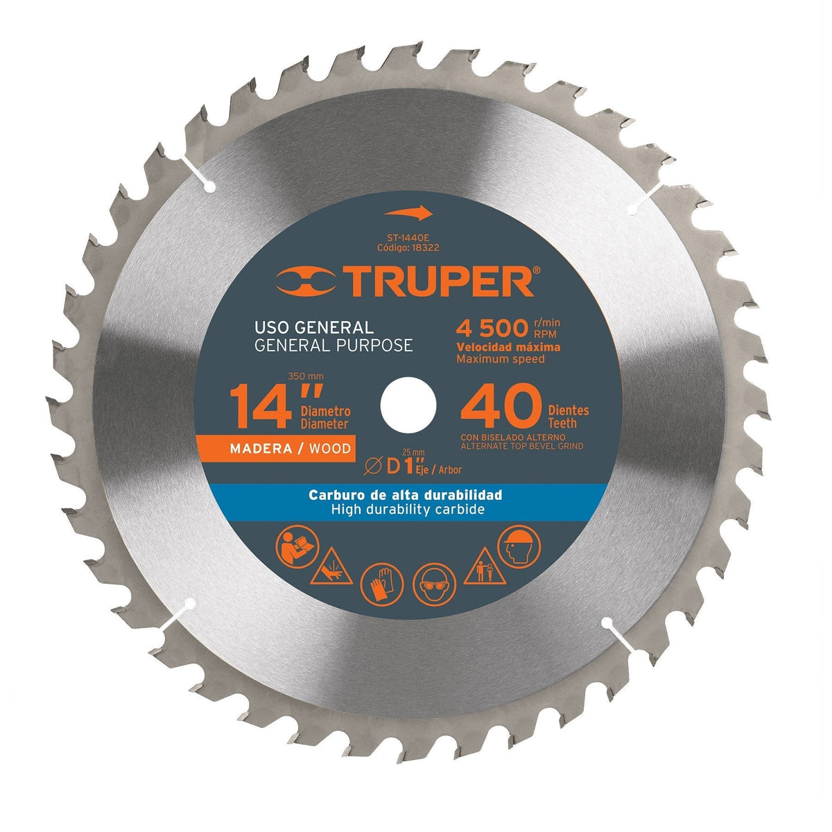 Disco sierra p/madera 14", 40 dientes, centro 1"