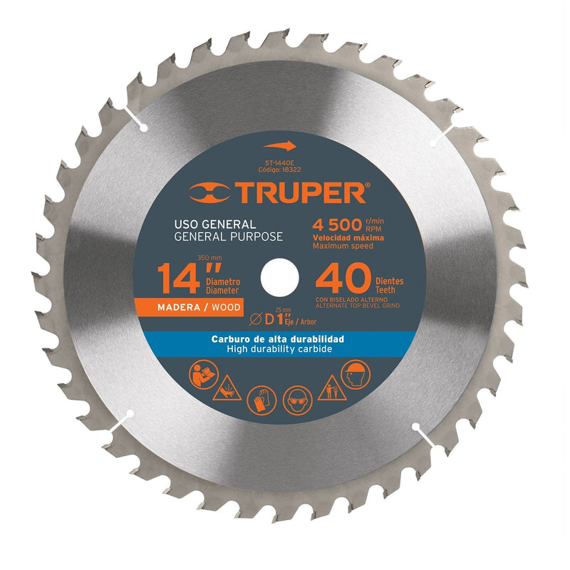 Disco sierra p/madera 14", 40 dientes, centro 1"