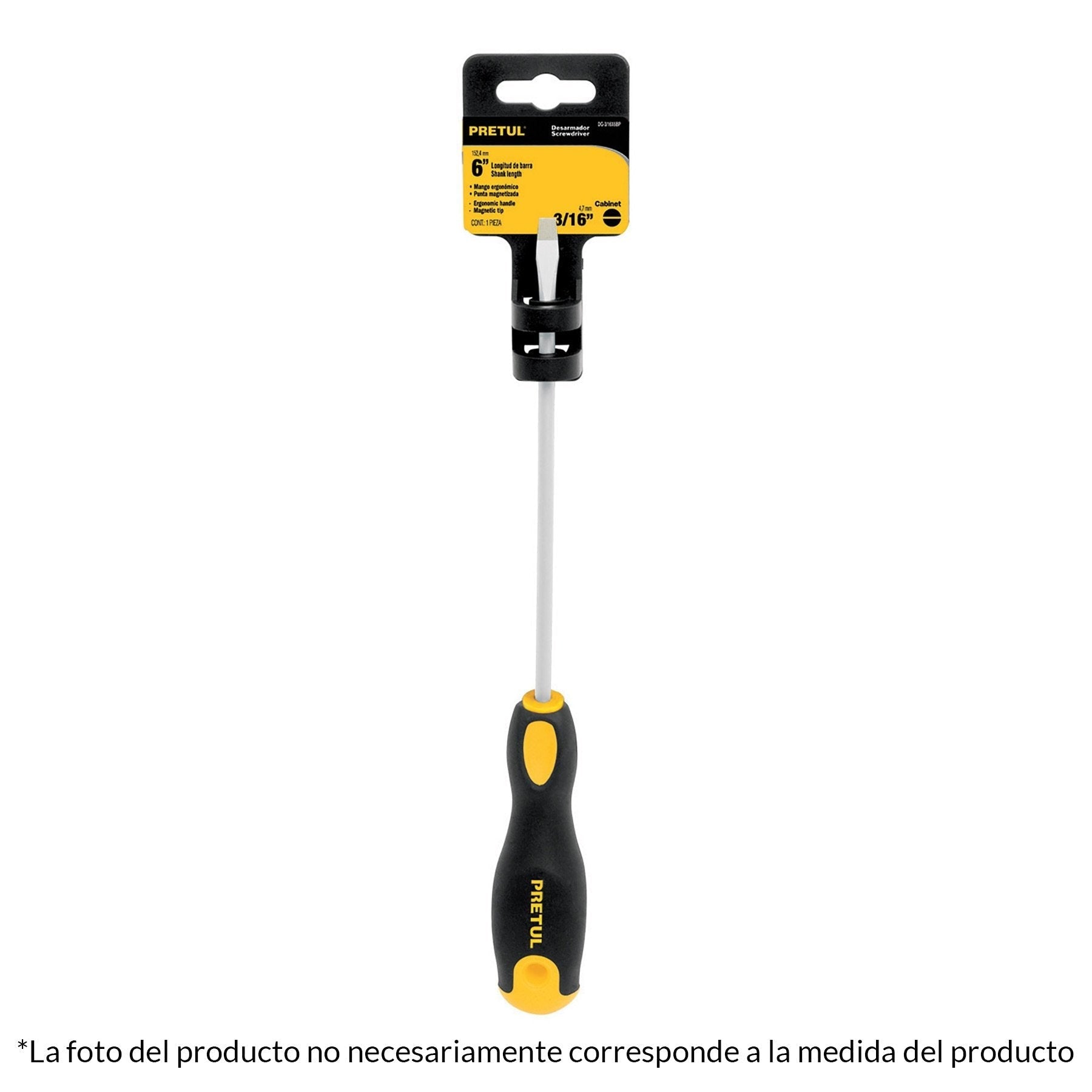 Desarmador cabinet, 3/16 x 8", mango comfort grip, pretul