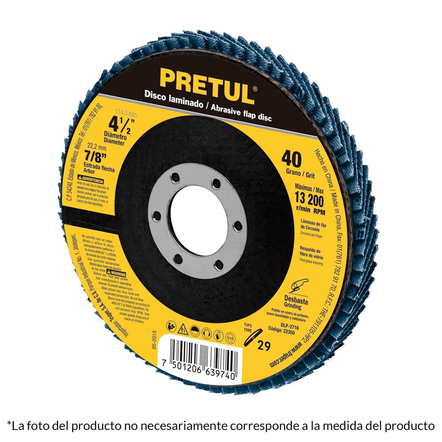Disco laminado, 4-1/2", grano 80, centro 7/8", Pretul