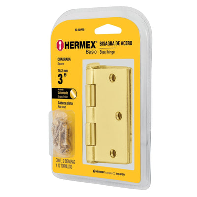 Bisagra cuadrada 3", acero latonado, blíster 2, Hermex Basic