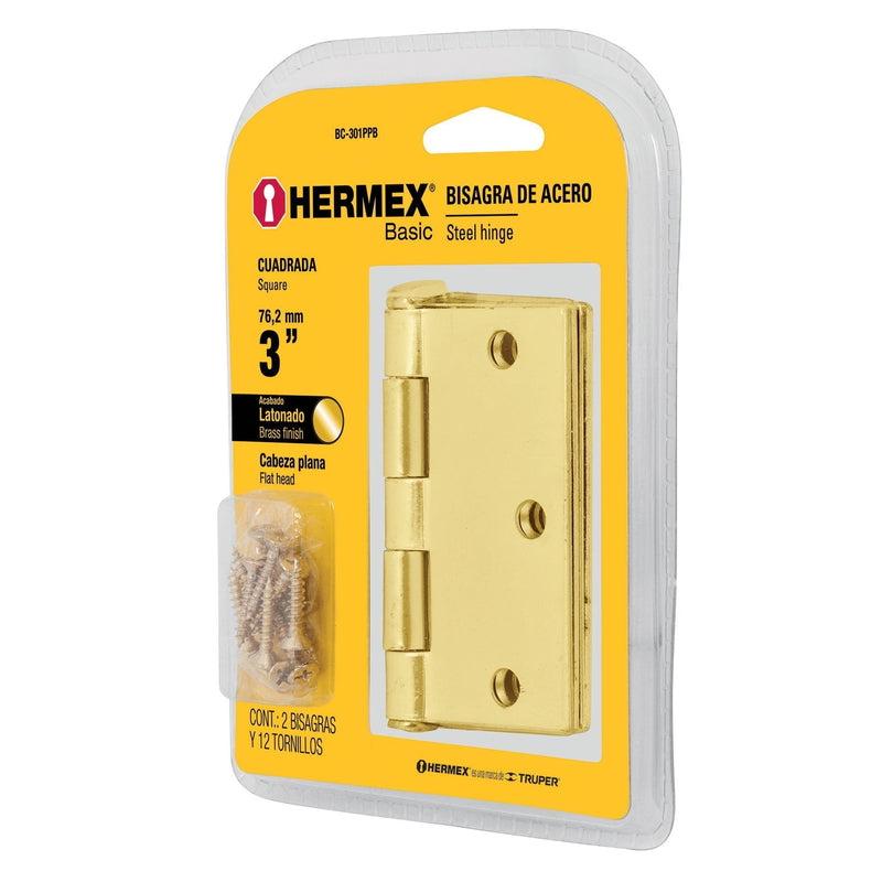 Bisagra cuadrada 3", acero latonado, blíster 2, Hermex Basic