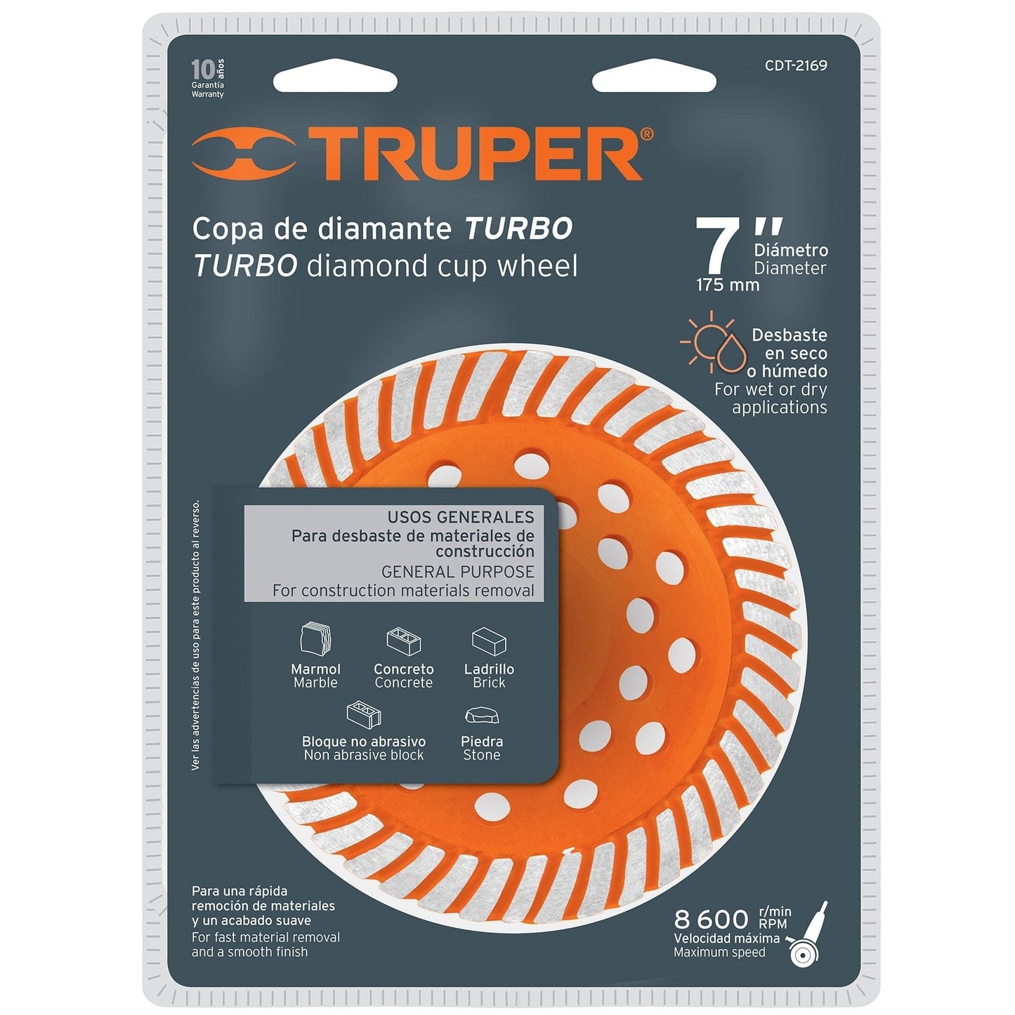 Copa de diamante turbo, modelo 2169, 7", usos generales