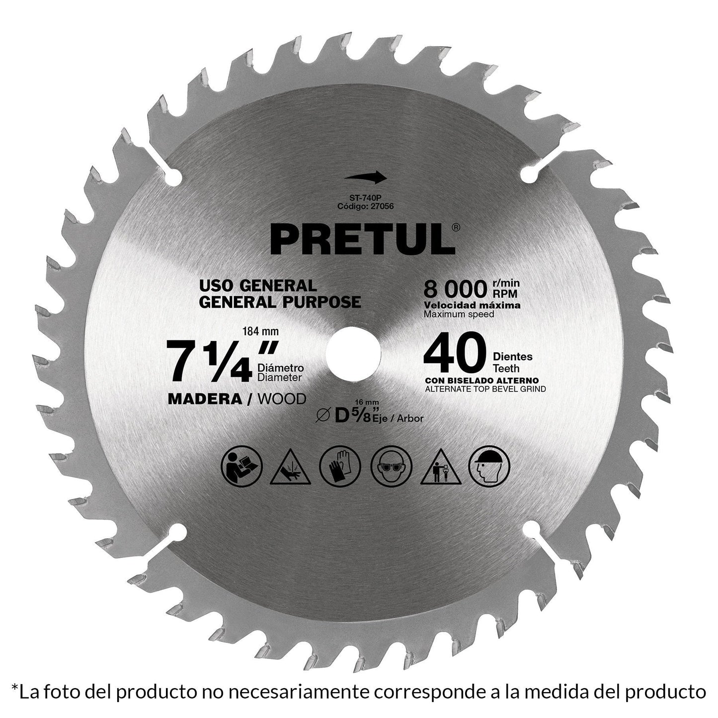 Disco sierra p/madera 7-1/4", 60dpp, centro 5/8",Pretul