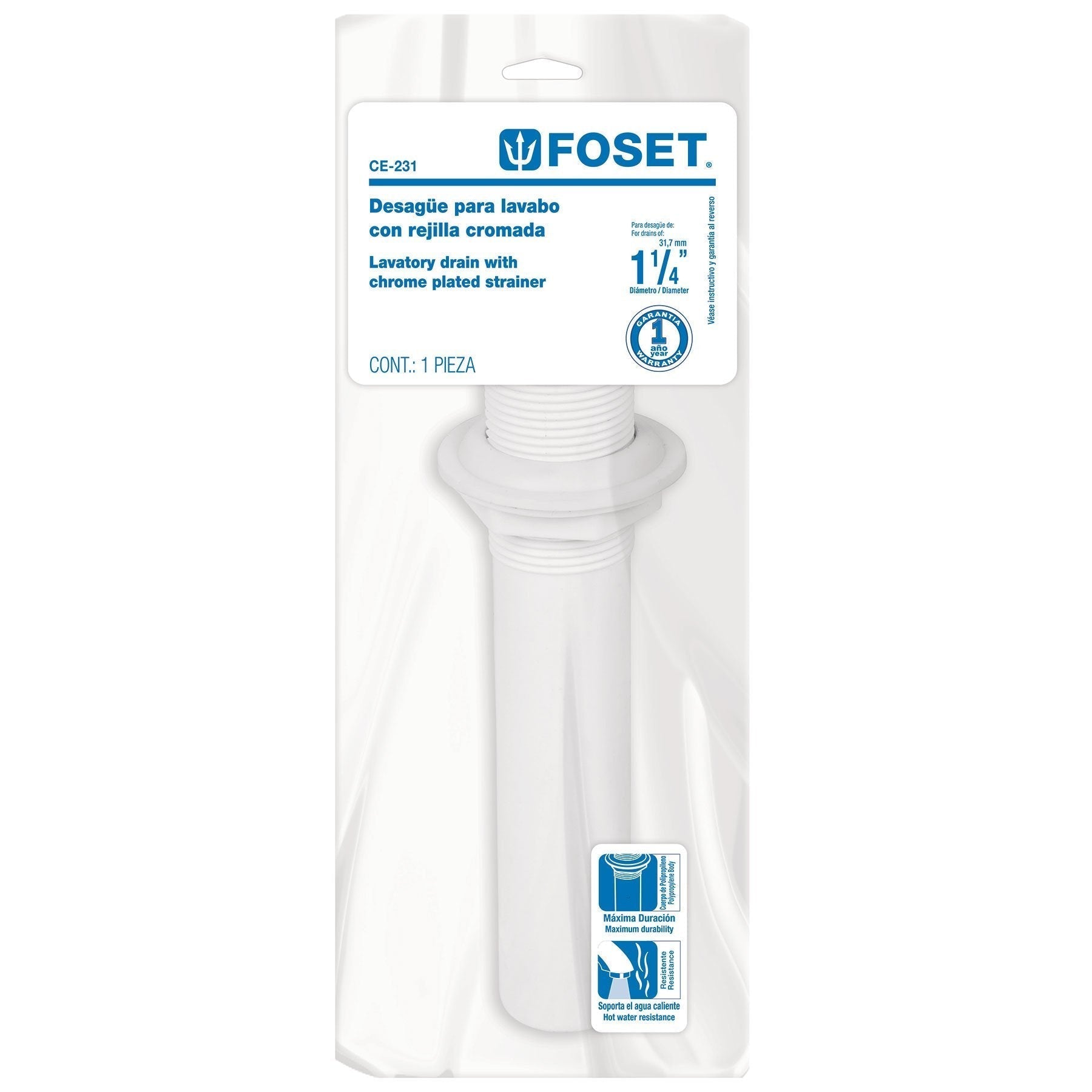 Contra para lavabo c/rebosadero, polipropileno, 1-1/4"