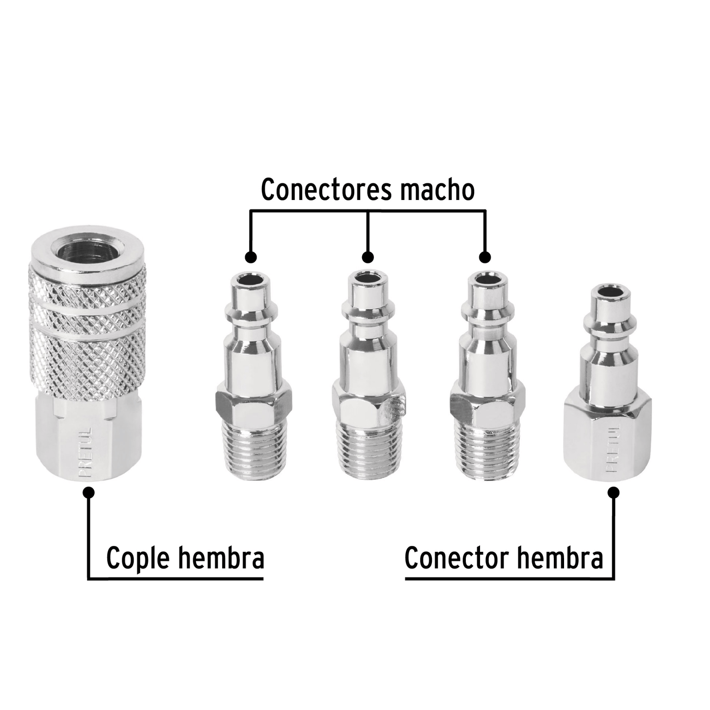 4 conectores y 1 cople para compresor, Pretul - Ferretería Feresmar