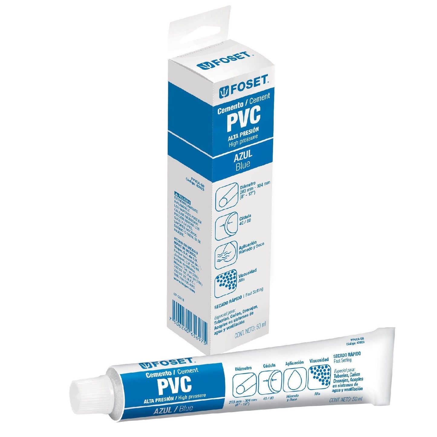 Cemento azul para PVC, hasta 12", tubo 50 g