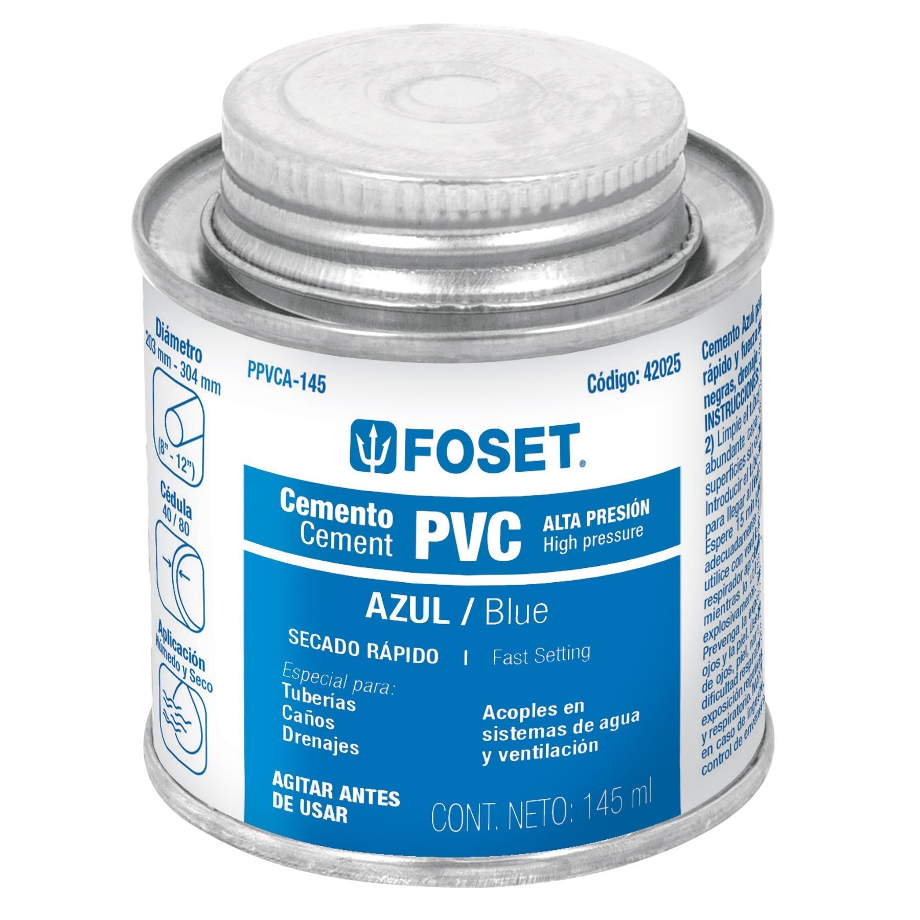 Cemento azul para PVC, hasta 12", bote 145 ml