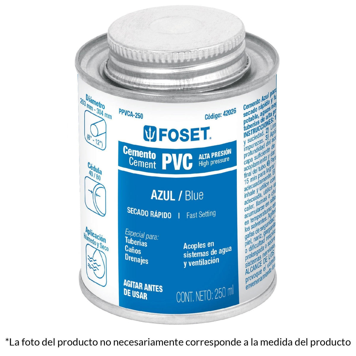 Cemento azul para PVC, hasta 12", bote 250 ml